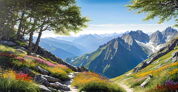 A scenic view of the Pyrenees mountains with a winding trail and blooming wildflowers, featuring hikers in the distance.