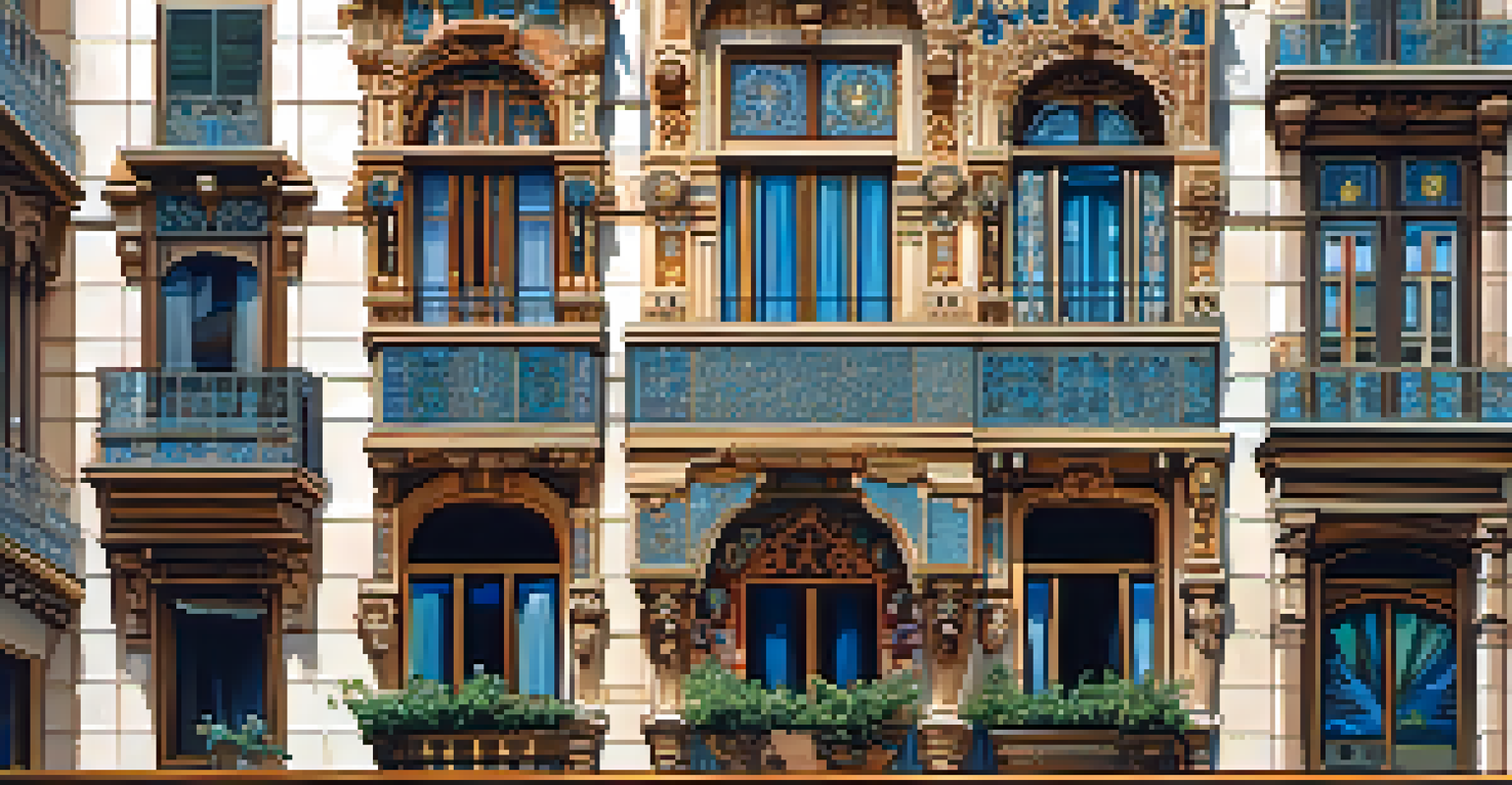 The Casa Amatller with its decorative ceramic tiles and Gothic influences, set against a lively Barcelona street.