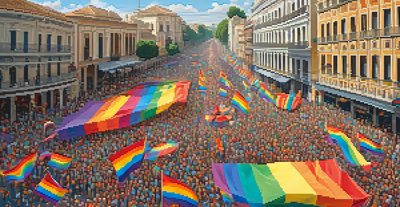 Aerial view of the Seville Pride Parade featuring a colorful crowd celebrating with rainbow flags and floats in the streets.