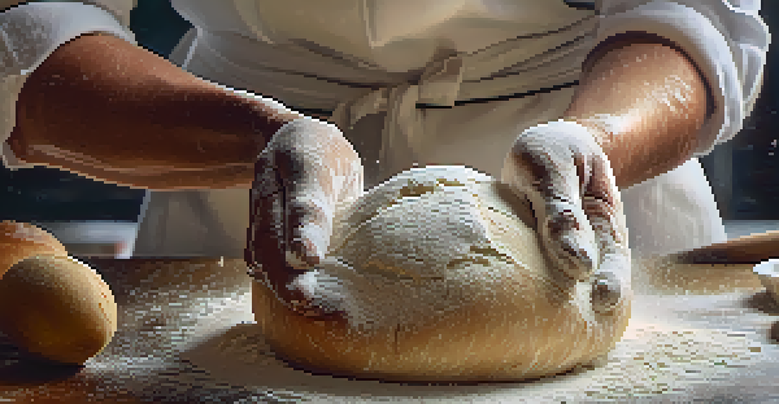 A chef kneading dough for Spanish bread, with flour on the surface and fresh ingredients nearby, illuminated by soft natural light.
