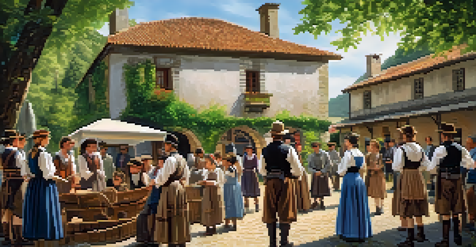 Actors in period costumes at the Living History Museum in Asturias, engaging children in traditional crafts outdoors.