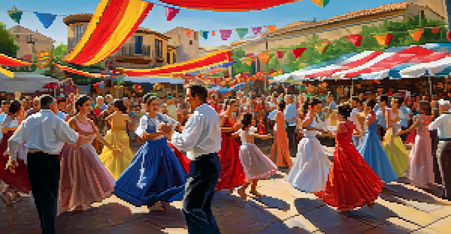 Families enjoying a vibrant cultural festival in Spain, with dancers and colorful decorations all around.