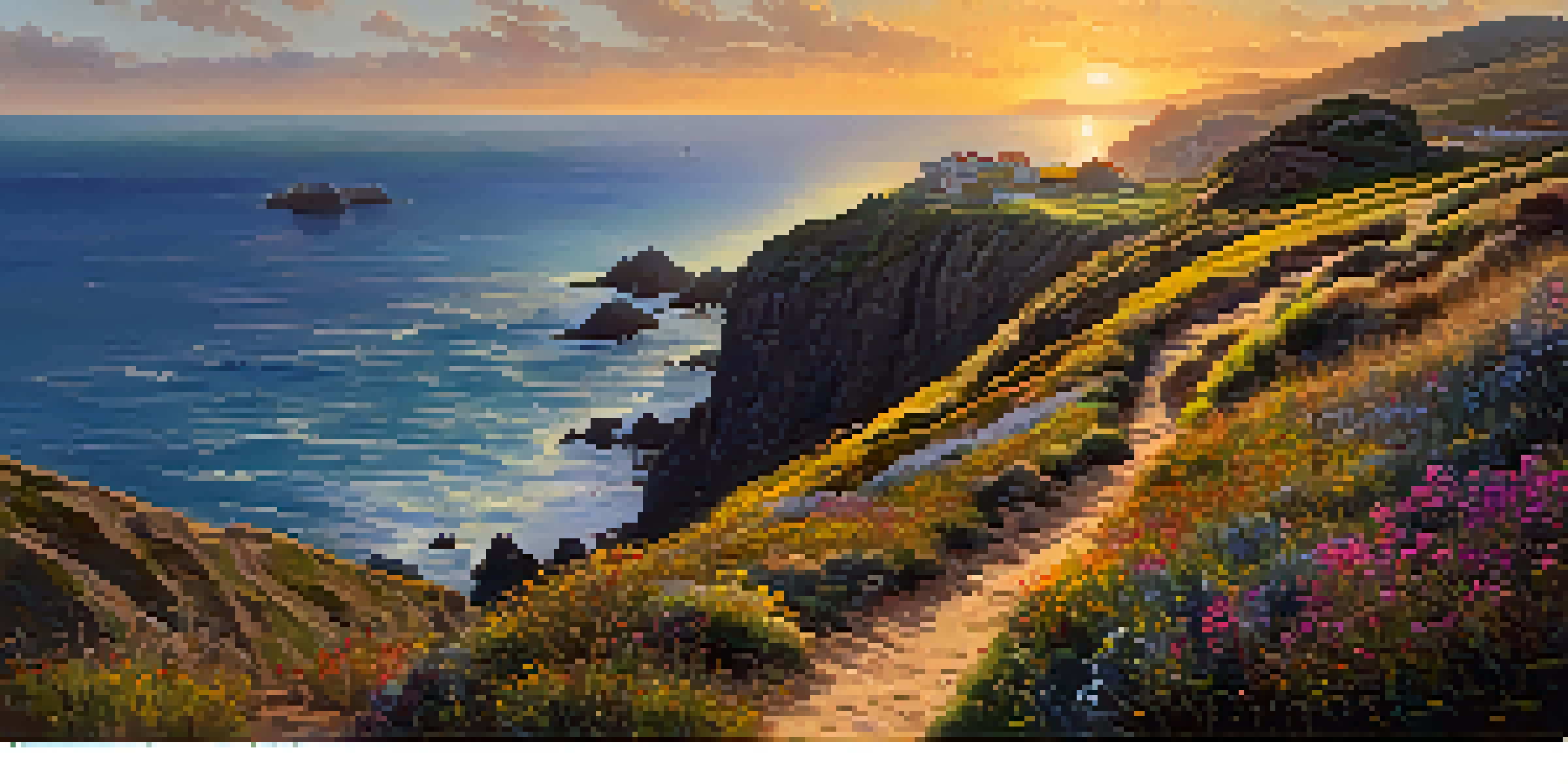 A hiker walking along a coastal trail in Spain, with cliffs, wildflowers, and the ocean at sunset.