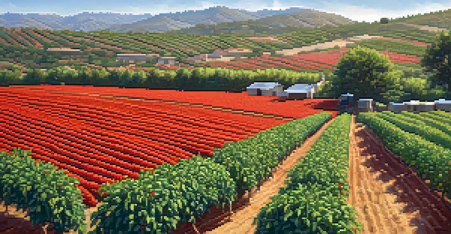 A sunny Spanish pepper farm with farmers harvesting paprika peppers under a clear blue sky.