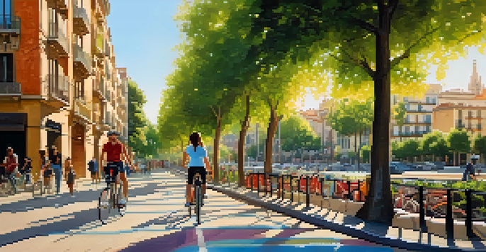 A cyclist enjoying a sunny day on a bike lane in Barcelona, with colorful buildings and greenery surrounding them.