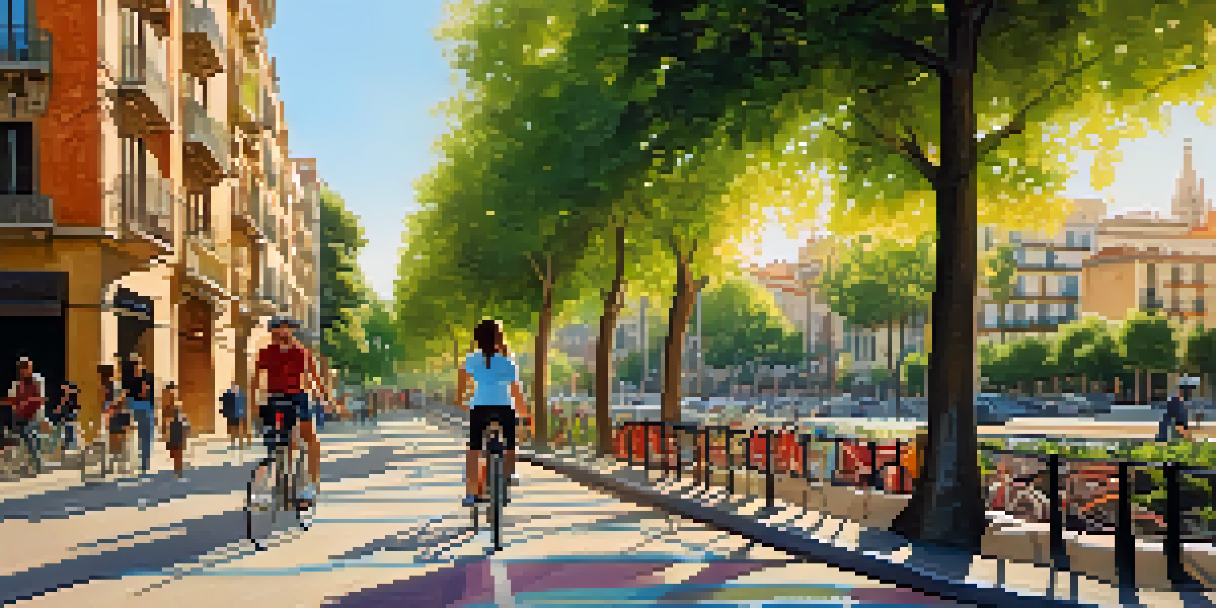 A cyclist enjoying a sunny day on a bike lane in Barcelona, with colorful buildings and greenery surrounding them.