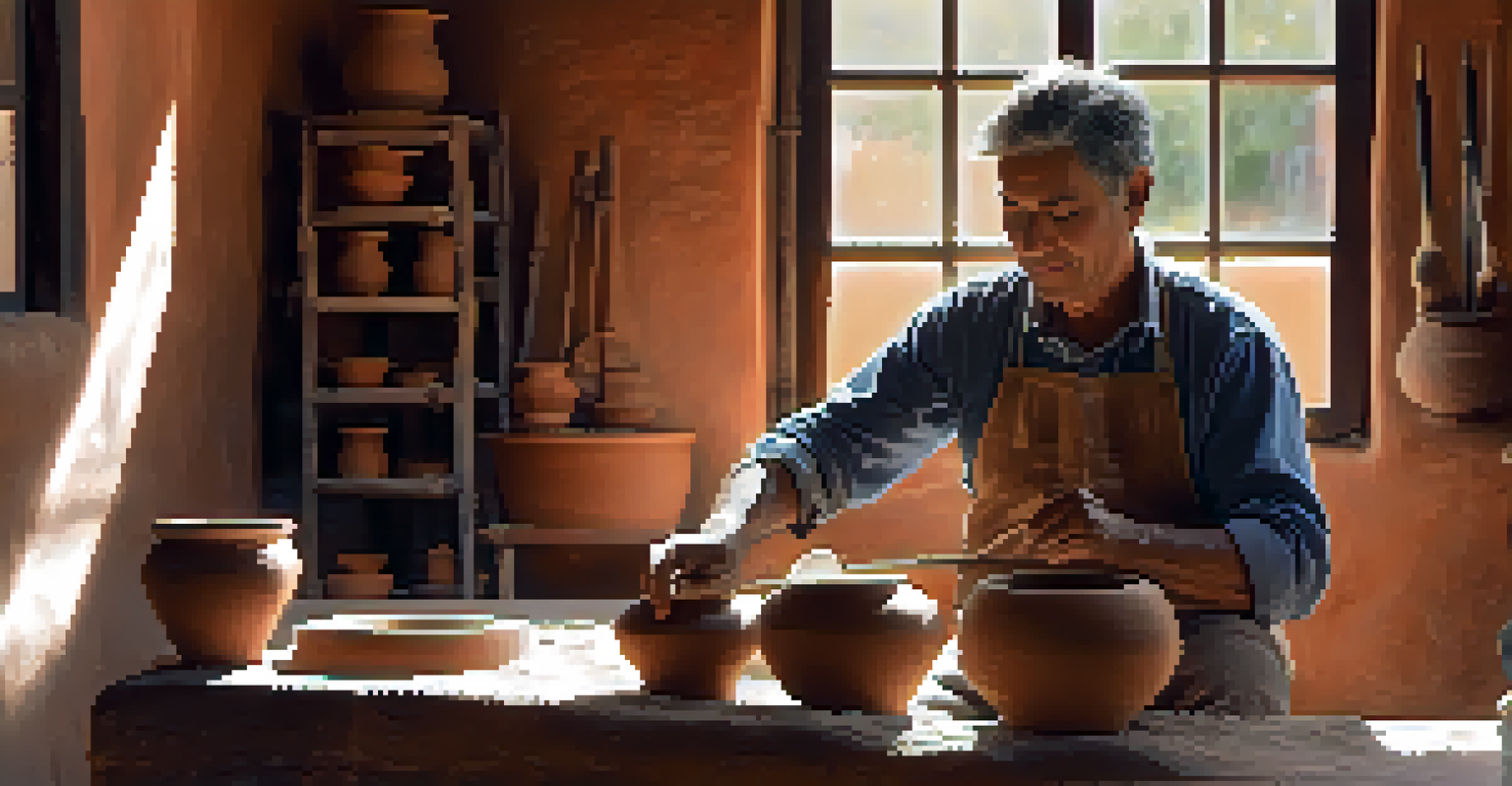 An artisan shaping clay on a wheel in a pottery workshop, surrounded by pottery tools and glazes.
