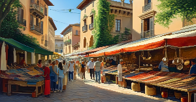 A lively artisan market in Spain with colorful stalls and people interacting with artisans.