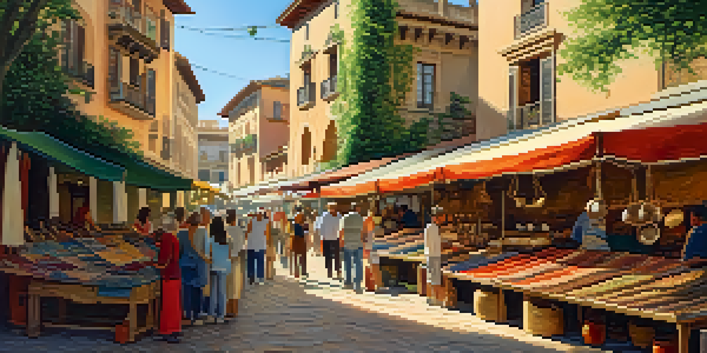 A lively artisan market in Spain with colorful stalls and people interacting with artisans.