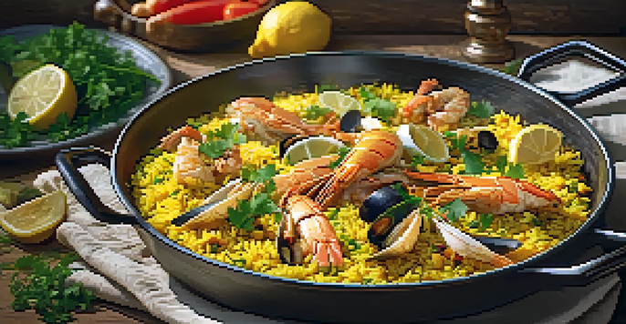 A colorful paella dish featuring saffron rice, chicken, seafood, and garnished with parsley and lemon, presented on a wooden table in natural light.