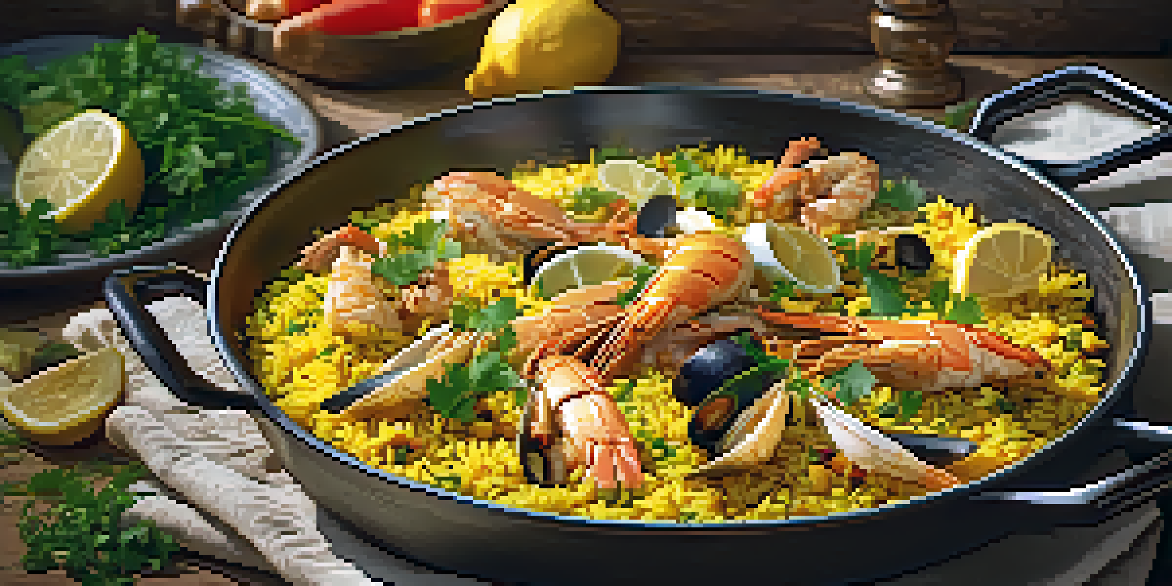 A colorful paella dish featuring saffron rice, chicken, seafood, and garnished with parsley and lemon, presented on a wooden table in natural light.