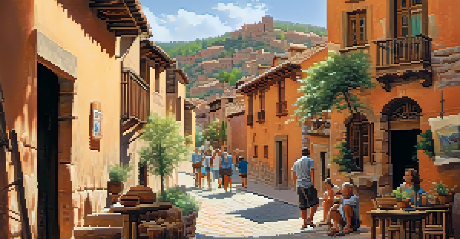 A narrow cobblestone street in Albarracín with colorful houses and an artisan crafting pottery, illuminated by sunlight.