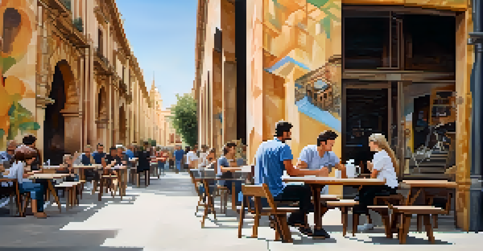 A vibrant urban landscape in Valencia featuring stunning murals on an old warehouse, with people enjoying coffee and admiring the artworks.