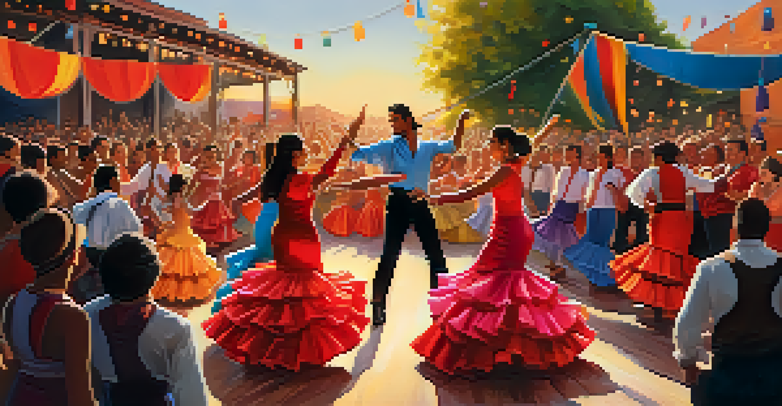 A vibrant Flamenco festival with dancers and musicians performing on stage, surrounded by an enthusiastic crowd and colorful decorations.