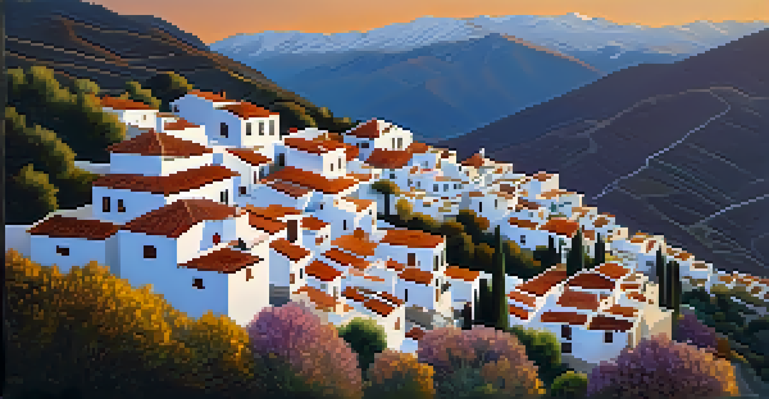 A charming white-washed village in the Alpujarras region with terraced fields and mountain scenery during golden hour.