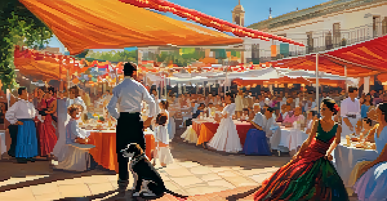 A small dog rests in the shade during the Feria de Abril festival, with flamenco dancers and colorful tents in the background.