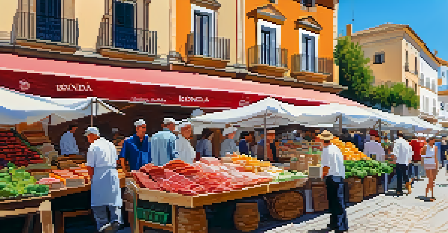 A bustling local market in Ronda, filled with fresh produce and artisanal goods, set against historic buildings.