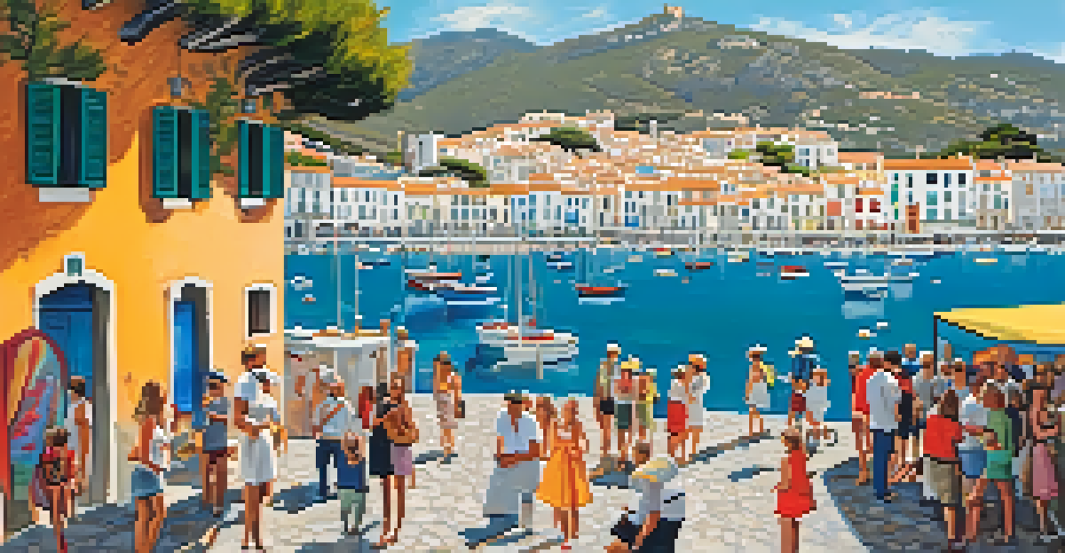A vibrant scene from the Cadaqués International Art Festival, featuring artists and visitors interacting among colorful artworks.