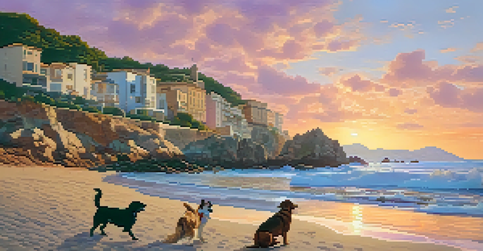 A beautiful beach at sunset with dogs playing in the waves, rocky cliffs in the background, and a colorful sky.