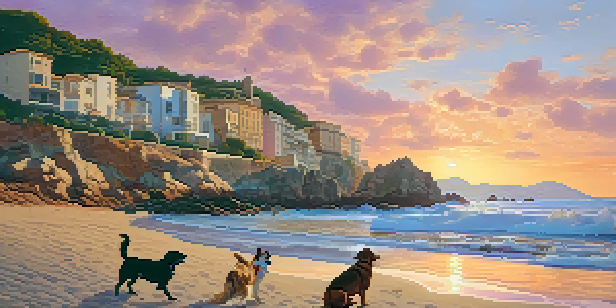 A beautiful beach at sunset with dogs playing in the waves, rocky cliffs in the background, and a colorful sky.