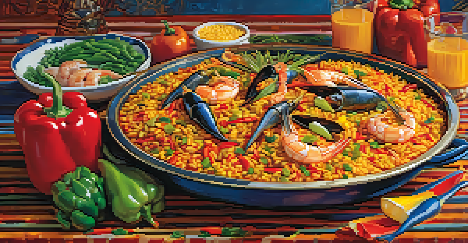 A close-up of a colorful Spanish paella dish topped with paprika and fresh ingredients, set on a decorated table.