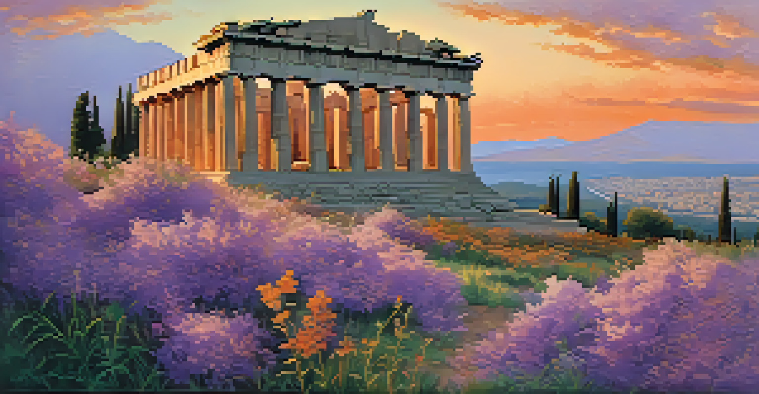 A scenic view of the Parthenon ruins at sunset with colorful sky and greenery in the foreground.