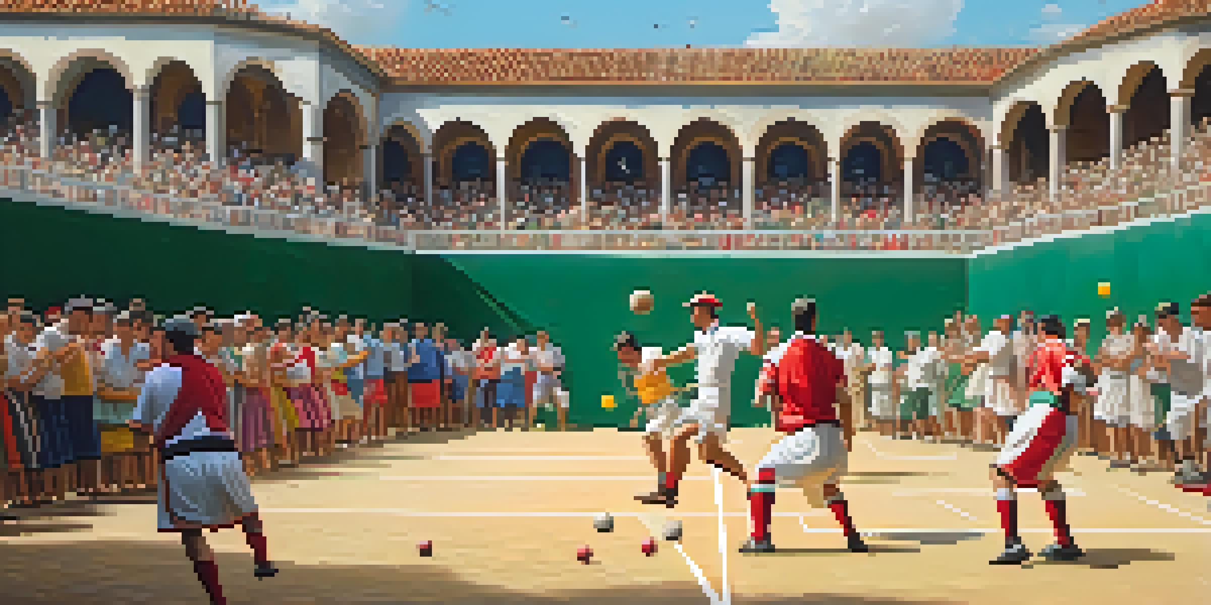 A lively Basque Pelota match with players in traditional outfits hitting a ball against a wall, surrounded by spectators and a clear blue sky.