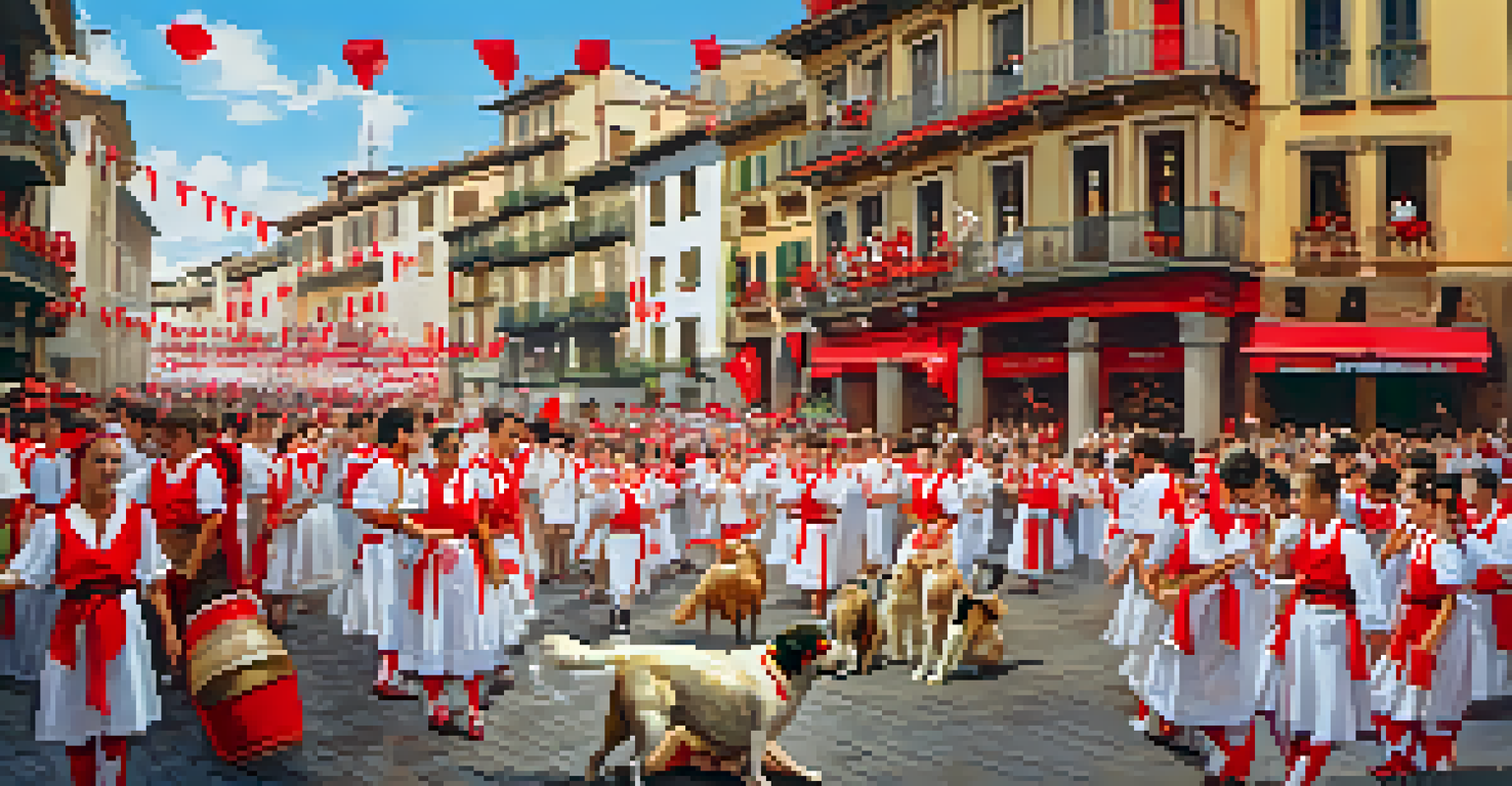 A happy dog on a leash enjoys the San Fermin street parade, surrounded by musicians, dancers, and a festive crowd.