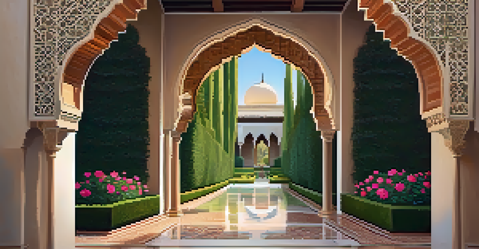 A symmetrical garden pathway in the Alhambra, featuring jasmine and roses leading to an archway.