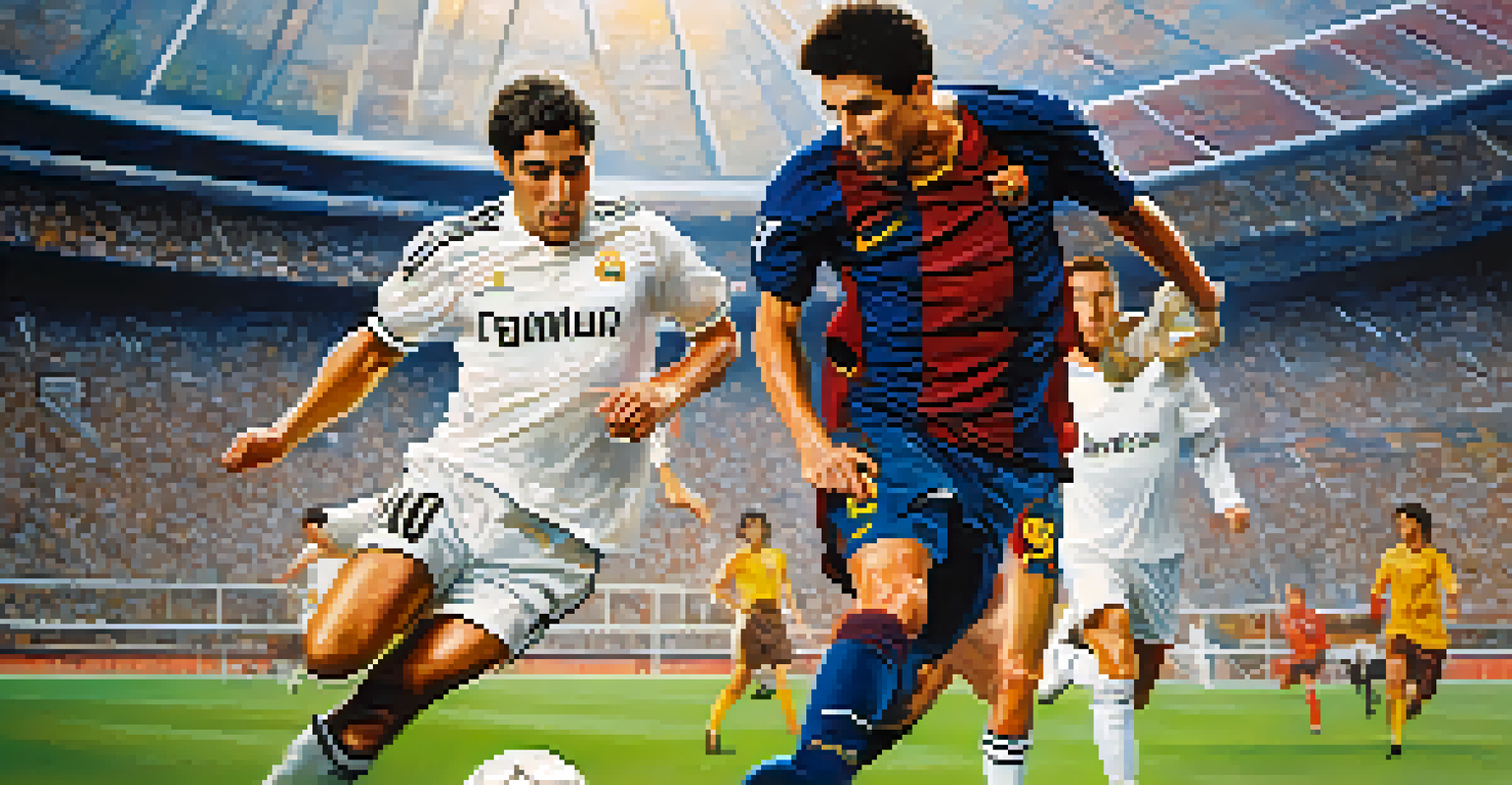 Two famous footballers from FC Barcelona and Real Madrid in a competitive moment on the pitch during El Clásico.