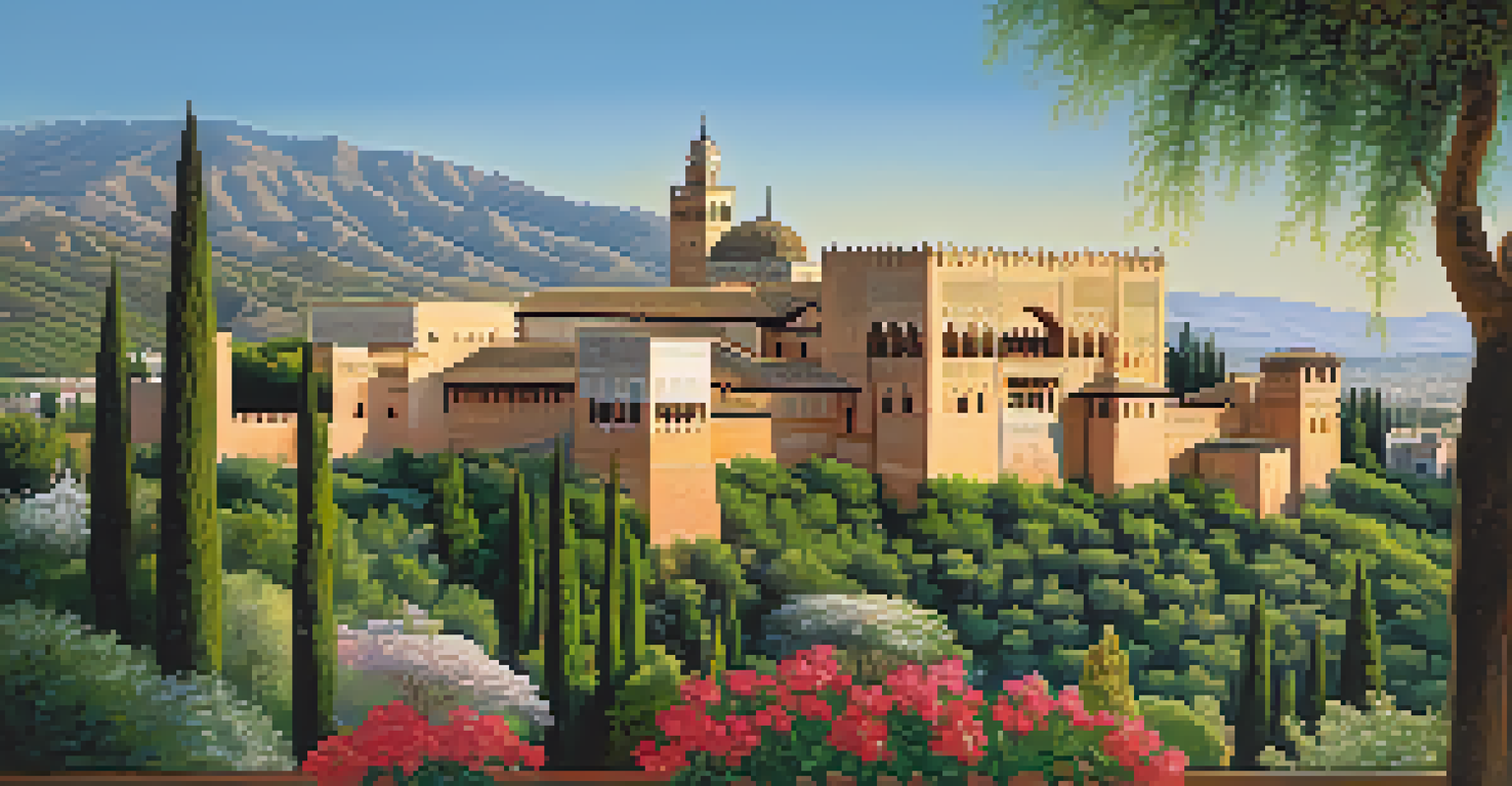 The Alhambra in Granada, illuminated by morning light, surrounded by blooming gardens.