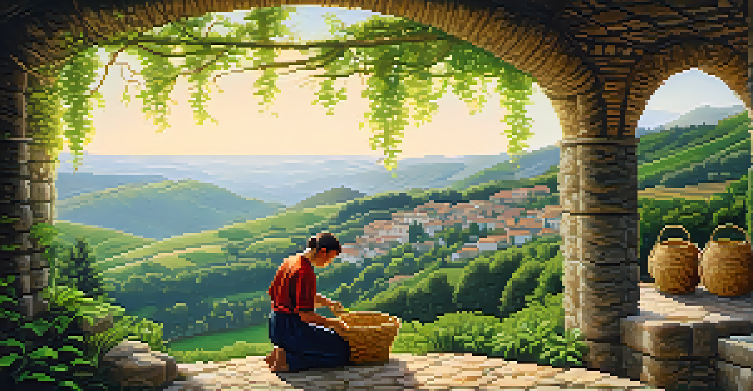A Basque artisan weaving a cesta de mimbre basket in a scenic landscape, surrounded by greenery and stone buildings.