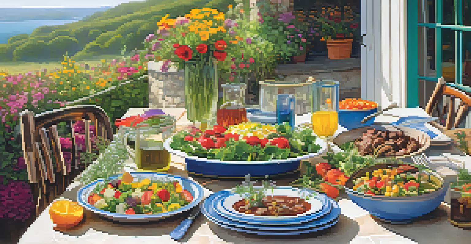 A close-up view of a dining table outdoors, featuring vibrant seasonal dishes and blooming wildflowers.