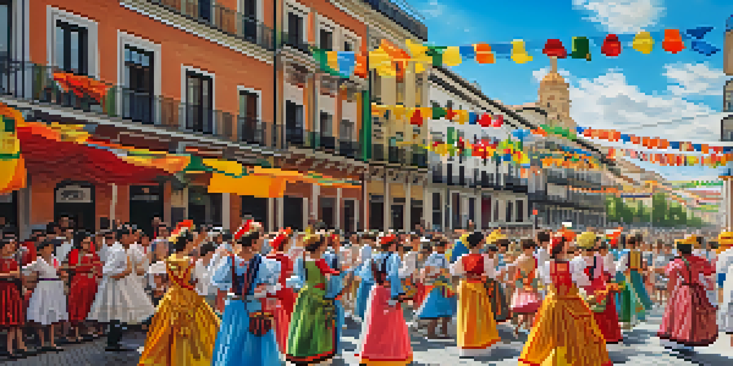 A vibrant street filled with people in traditional costumes celebrating the Fiesta de San Isidro, with historic buildings and a clear blue sky in the background.