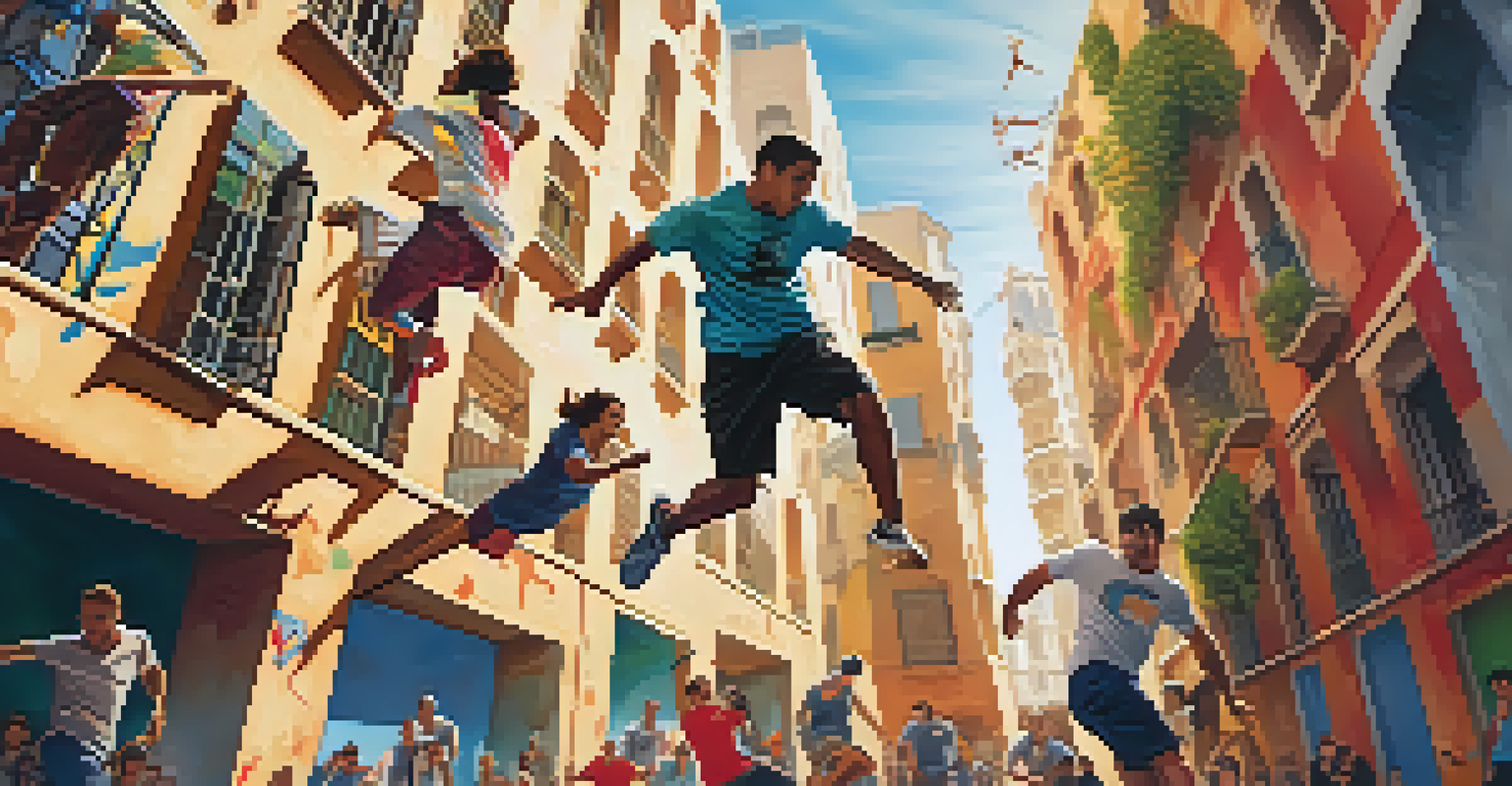 Participants performing parkour against Barcelona's iconic architecture, with graffiti art and vibrant city life.