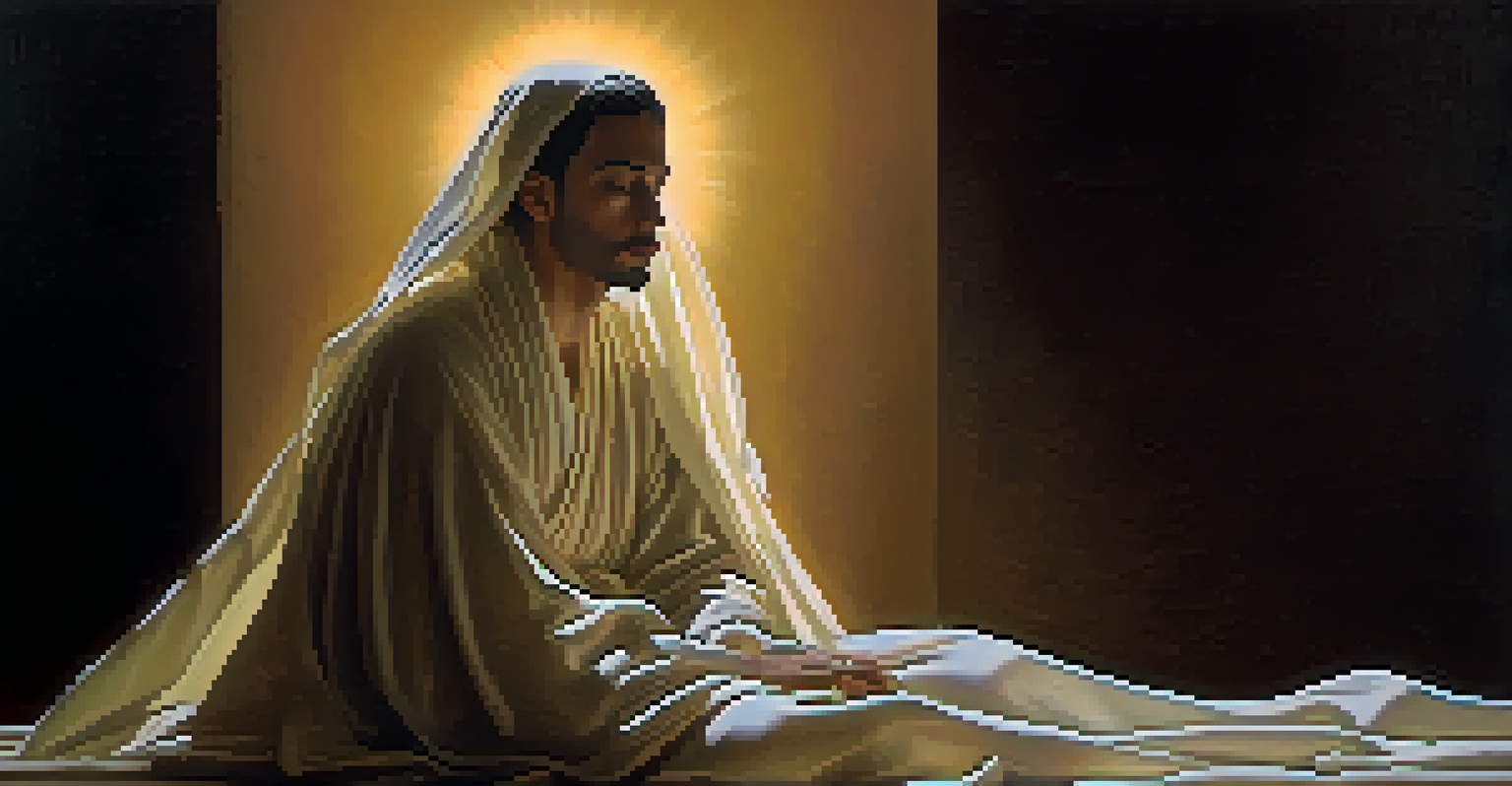 A religious figure bathed in a soft glow, surrounded by flowing drapery and warm colors, evoking a sense of spiritual peace.