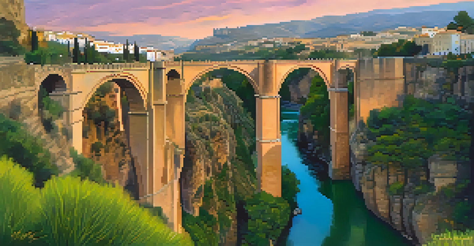 The stunning Puente Nuevo bridge in Ronda, Spain, set against a colorful sunset sky and a deep gorge.