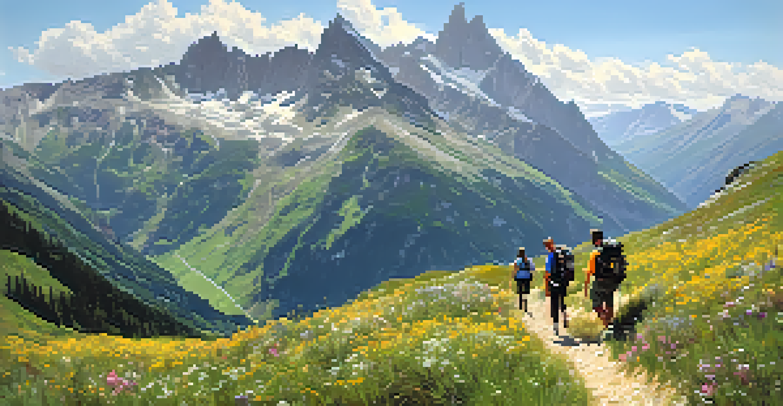 Travelers hiking on a scenic trail in the Pyrenees mountains, surrounded by stunning rugged peaks and blooming wildflowers.