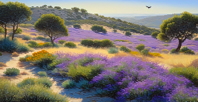 A beautiful landscape featuring wildflowers, rosemary, and thyme plants in a Mediterranean scrubland, with a colorful bee-eater bird in a sunny setting.