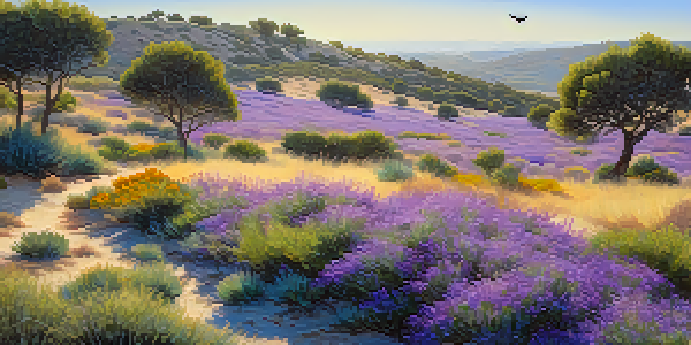A beautiful landscape featuring wildflowers, rosemary, and thyme plants in a Mediterranean scrubland, with a colorful bee-eater bird in a sunny setting.