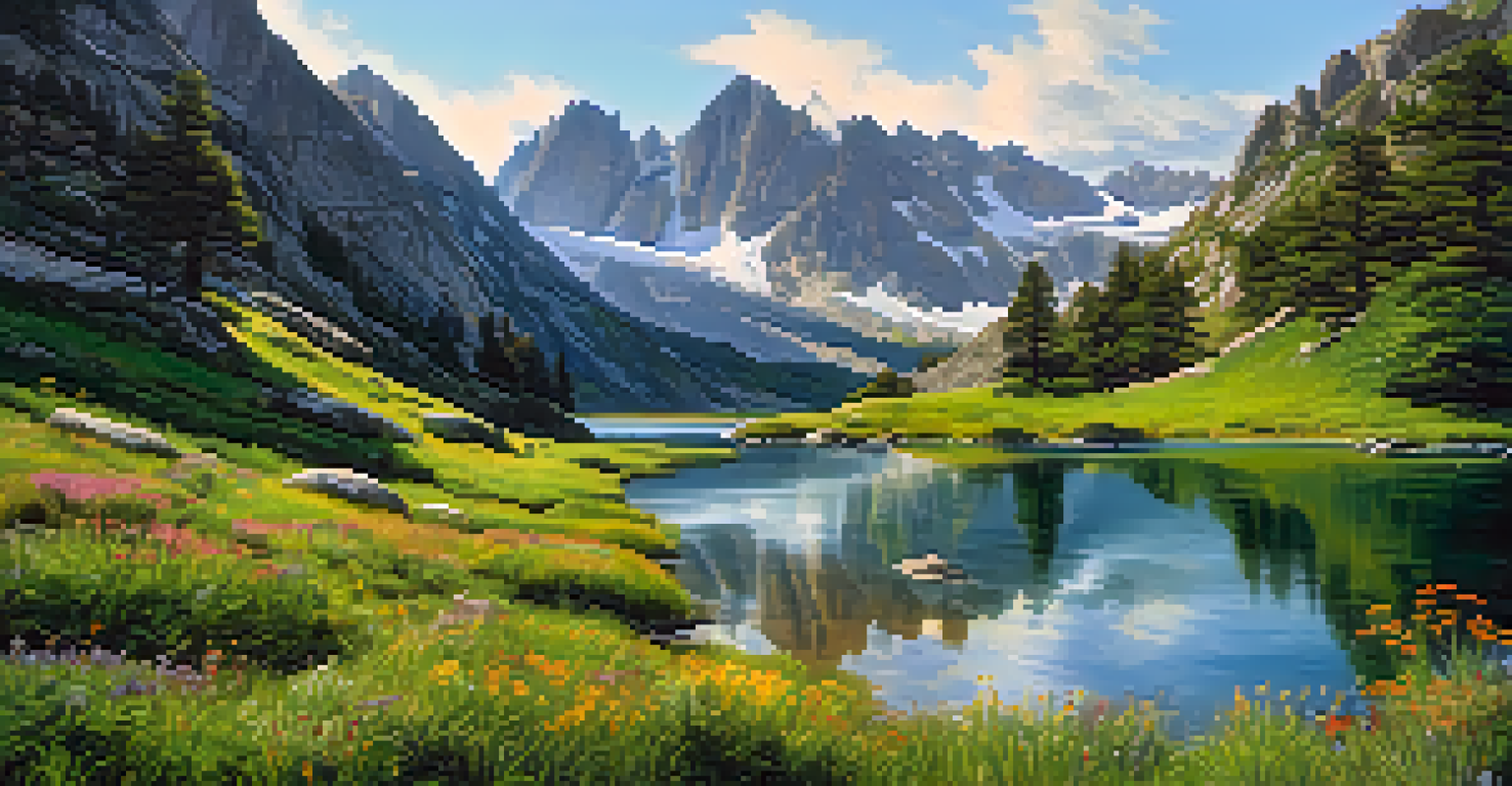A glacial lake surrounded by rugged peaks and colorful wildflowers, with hikers on a trail under warm sunlight.