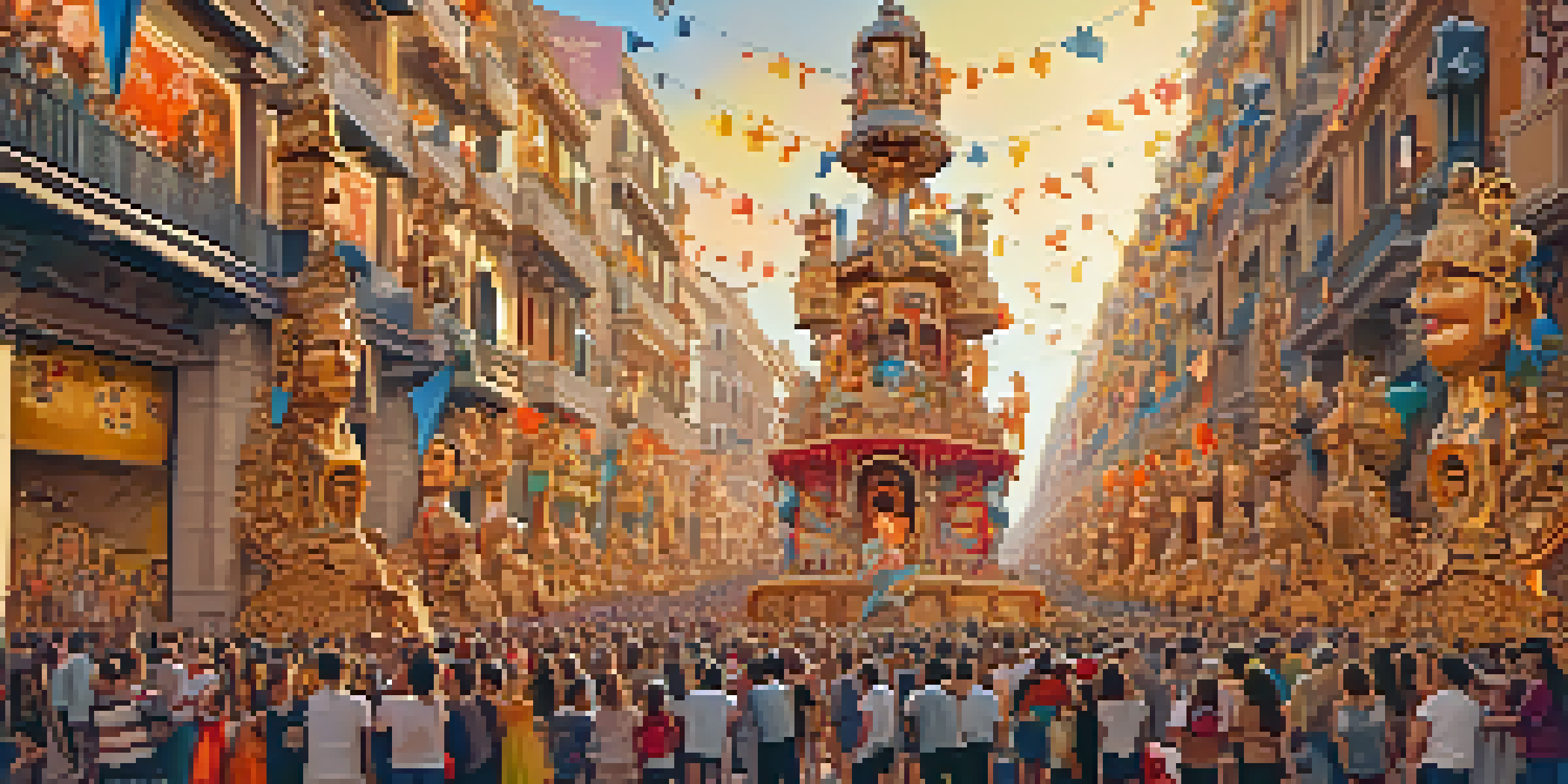A lively festival scene with large sculptures and crowds enjoying the Fallas Festival in Valencia during sunset.