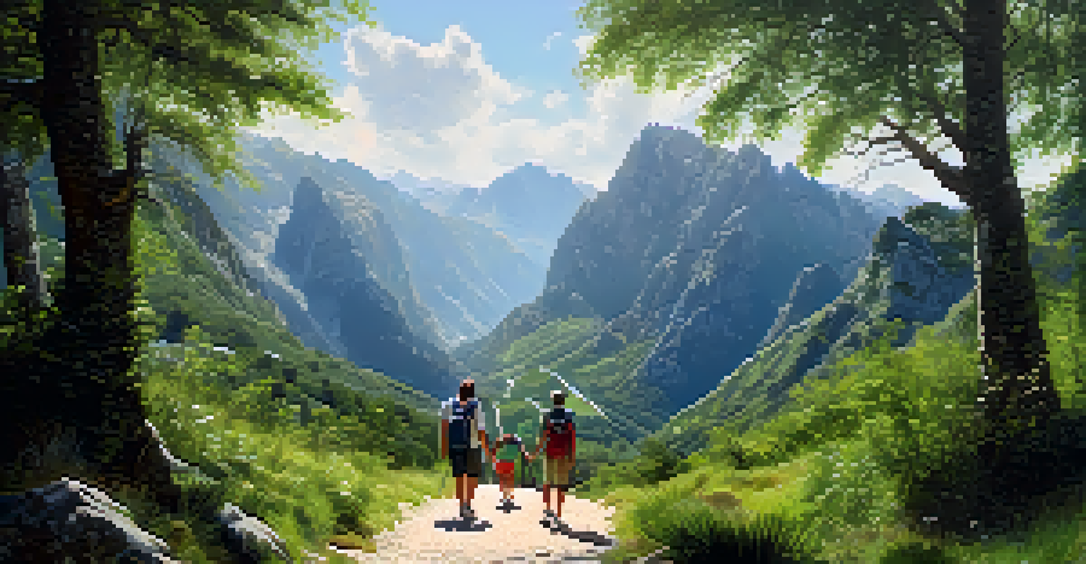 A family hiking on a scenic trail in Picos de Europa, surrounded by nature and mountains.