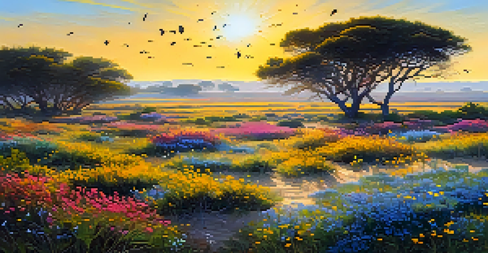 A spring landscape featuring wildflowers and birds in Doñana National Park under a sunny sky.