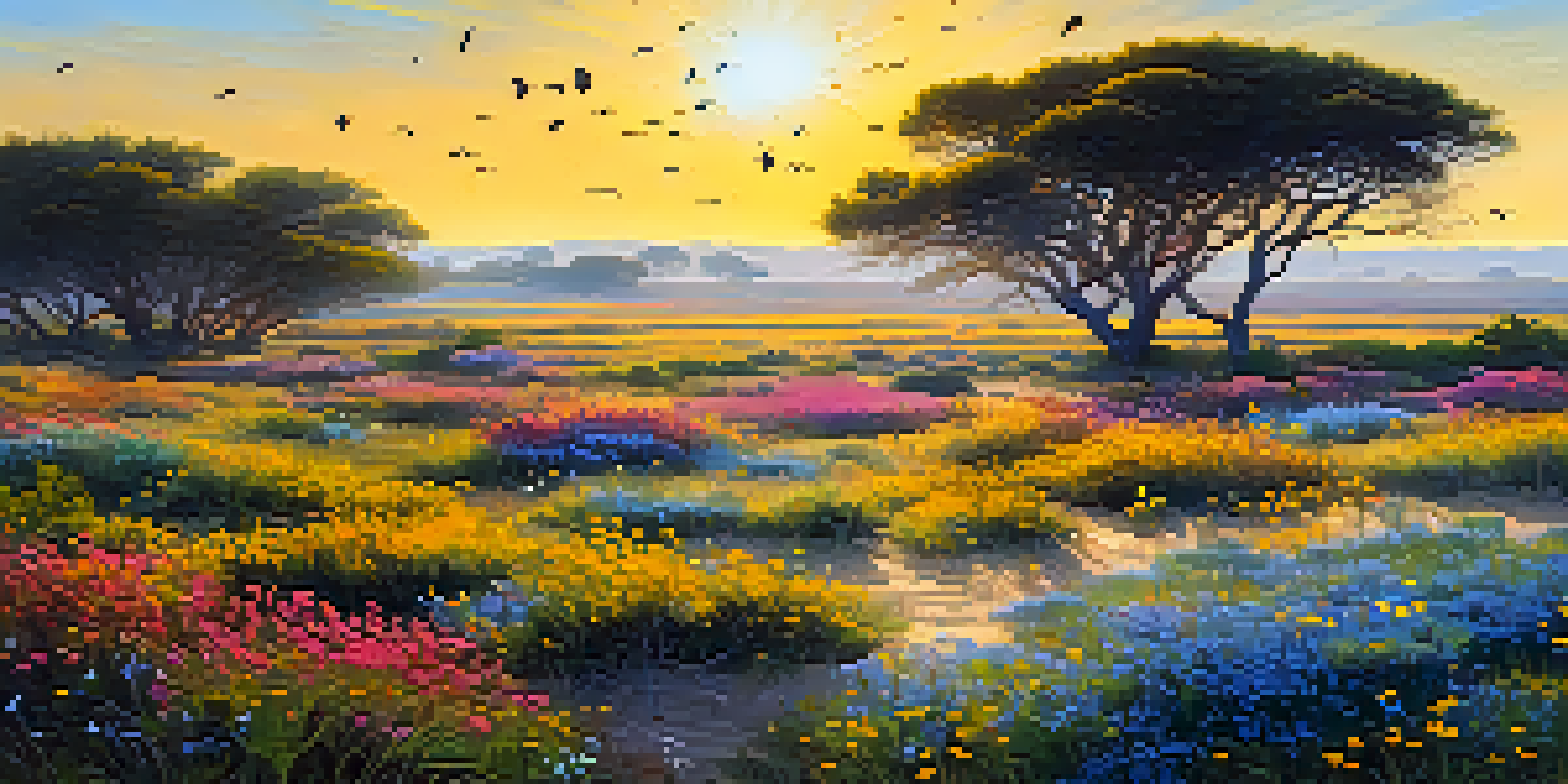 A spring landscape featuring wildflowers and birds in Doñana National Park under a sunny sky.