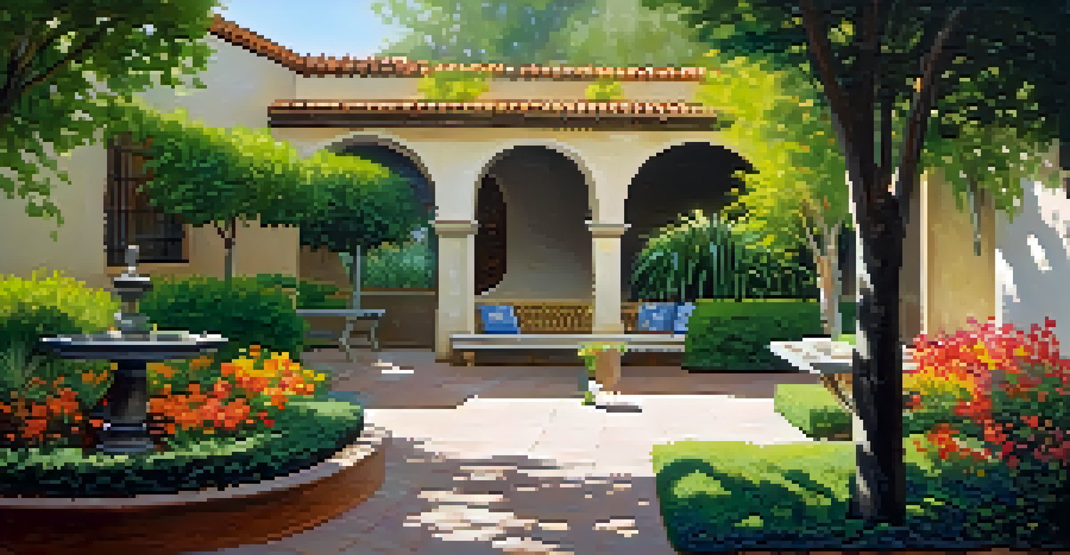 A charming garden scene in Jardines de las Delicias with colorful flowers and shady pathways.