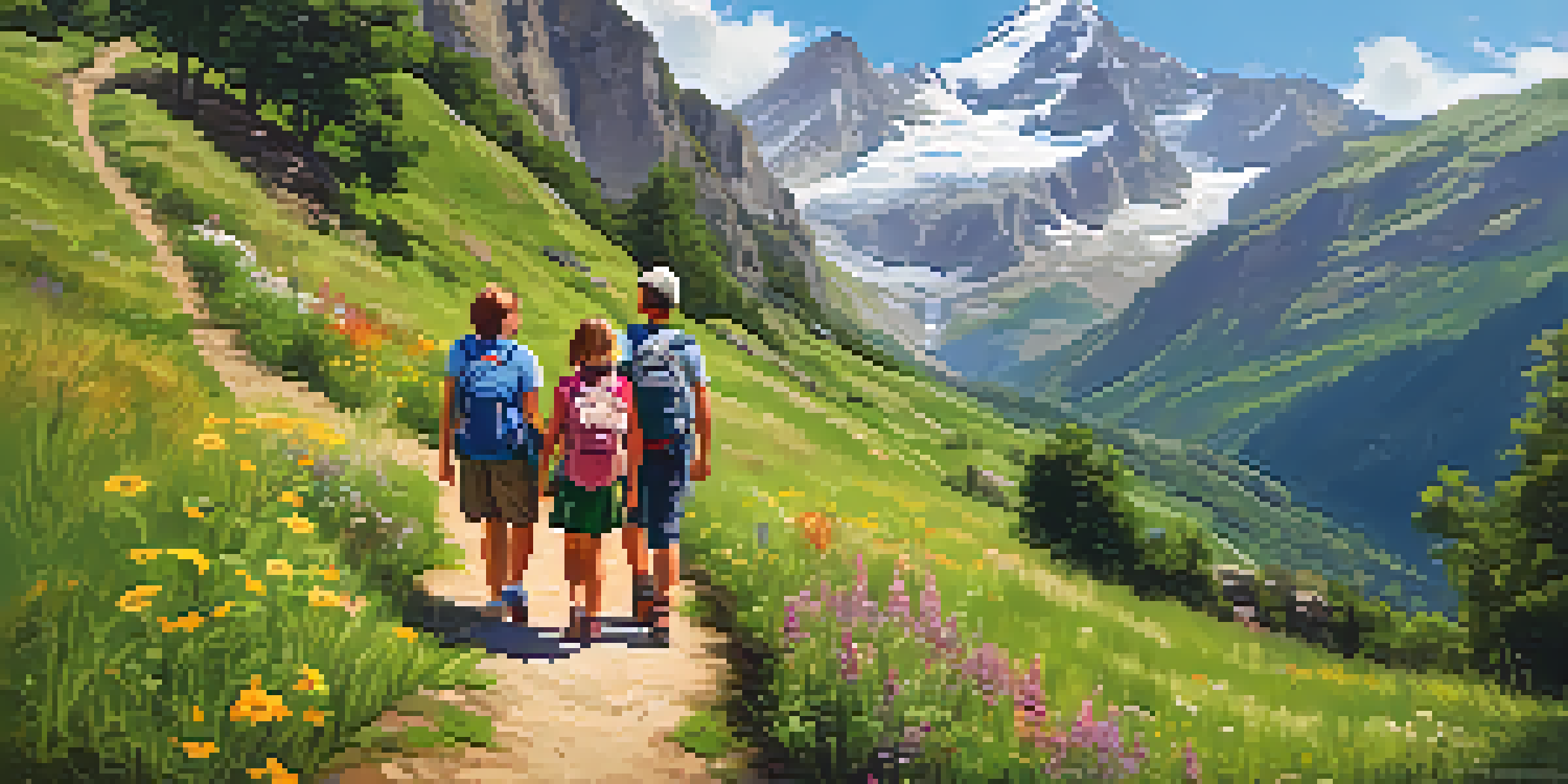 A family hiking on a scenic trail in the Pyrenees, surrounded by vibrant meadows and a waterfall.