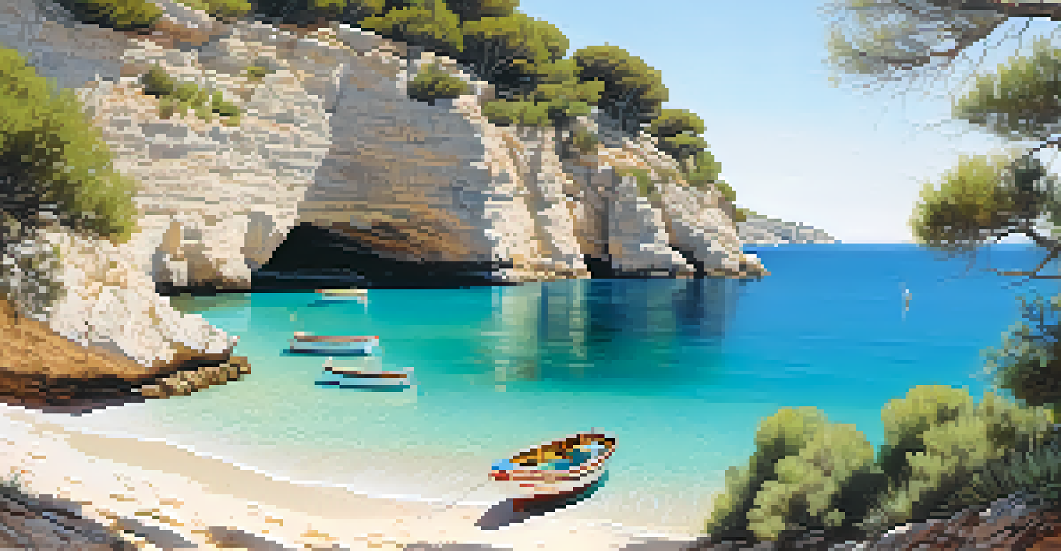 A tranquil cove at Cala Mitjana with clear waters and white sands surrounded by greenery.