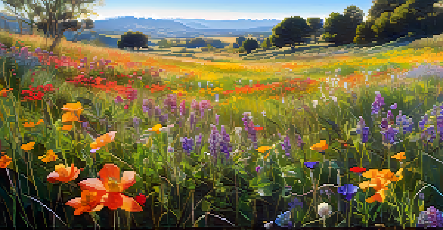 A close-up view of a colorful wildflower meadow in a Spanish nature park, with conservationists working in the background.