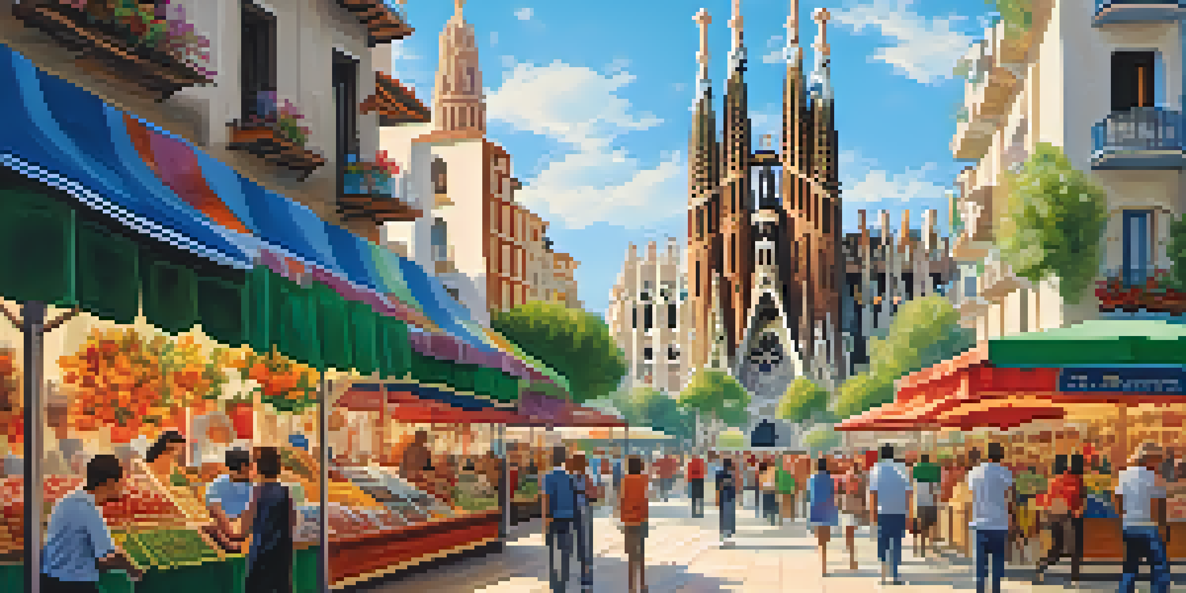 A sunny Spanish street scene with the Sagrada Familia in the background, pedestrians, flower stalls, and blue sky.